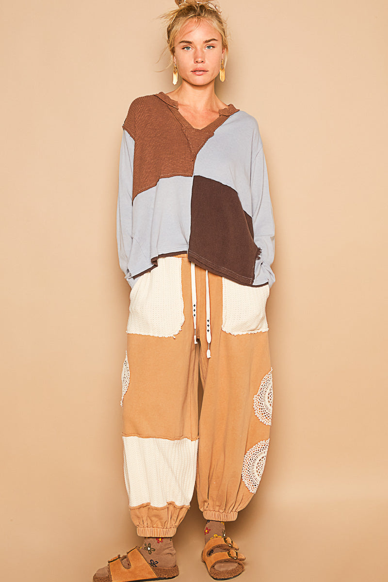 Color Block Mixed Media Top - Grey/Choco