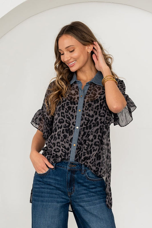 Leopard Chiffon Top - Charcoal/Denim
