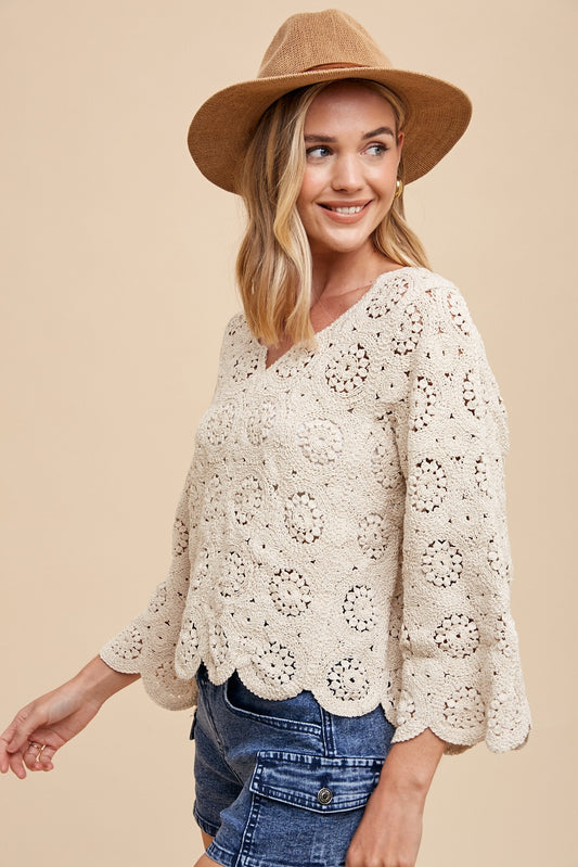 Scallop Edge Crochet Sweater Top - Natural