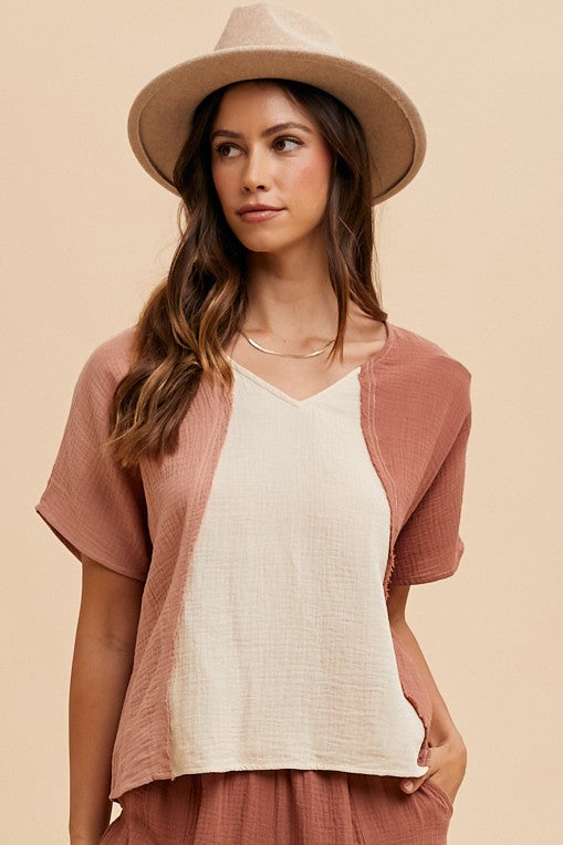 Color Block Cotton Gauze V-Neck Top - Brown Combo