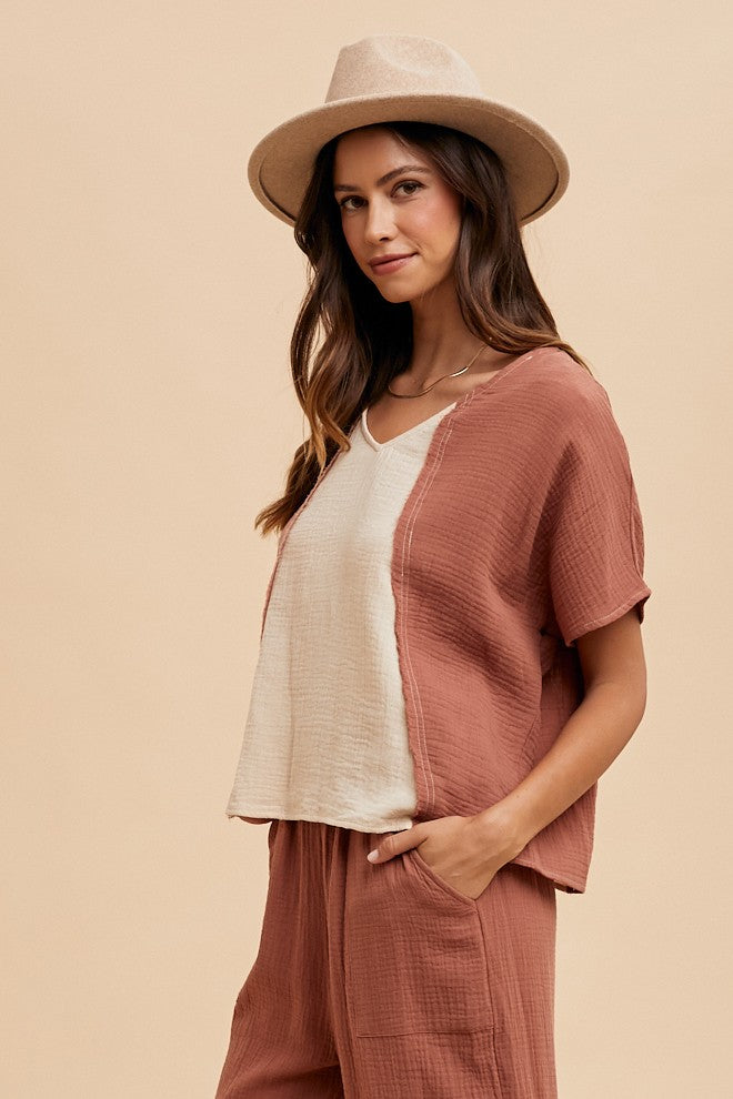 Color Block Cotton Gauze V-Neck Top - Brown Combo