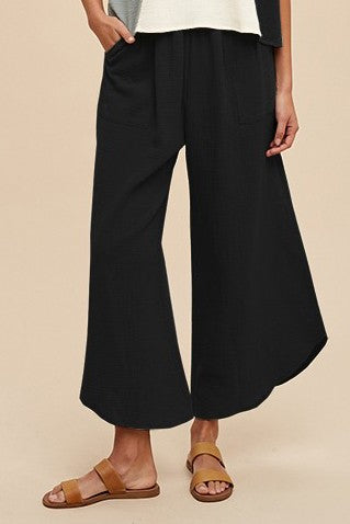 Cotton Gauze Wide Leg Pants - Black