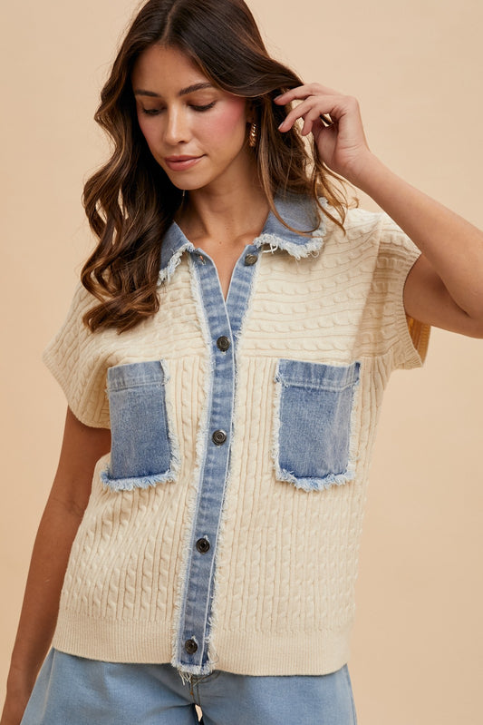 Denim Accents Cable Sweater Jacket - Cream