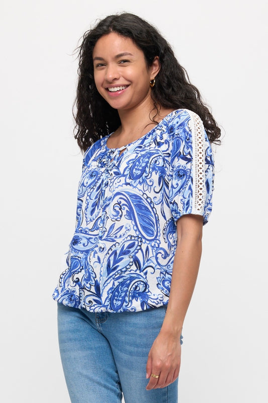 Paisley Crochet Shoulder Peasant Top - Ivory/Navy/Blue