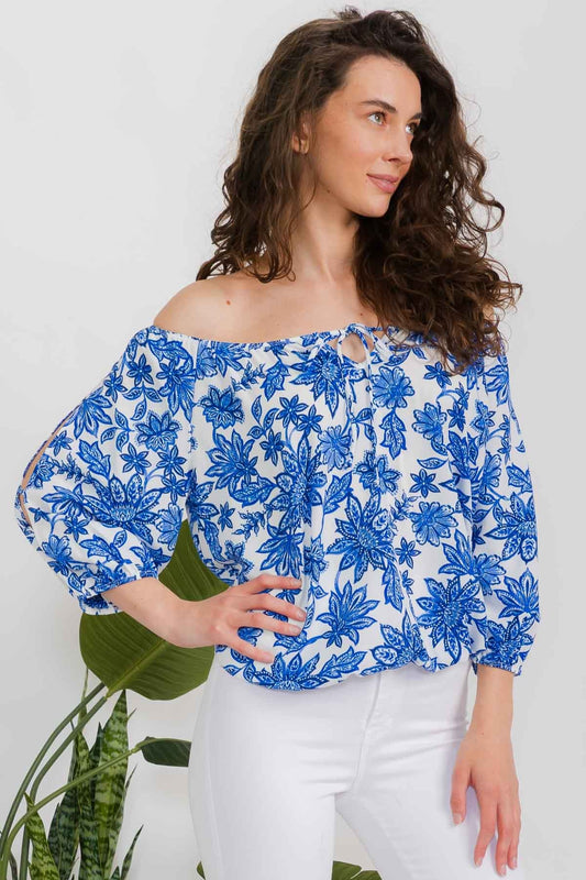 Bubble Peasant Top - Blue/Ivory