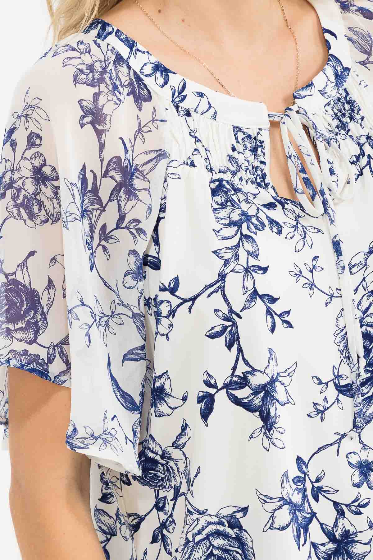 Floral Mixed Media Peasant Top - Ivory/Navy