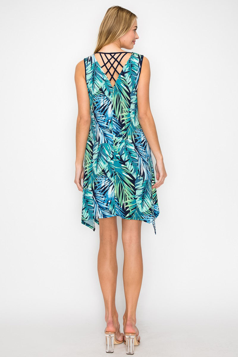 Tropical Leaf Print Dress with Criss Cross Back Detail - Navy/Green