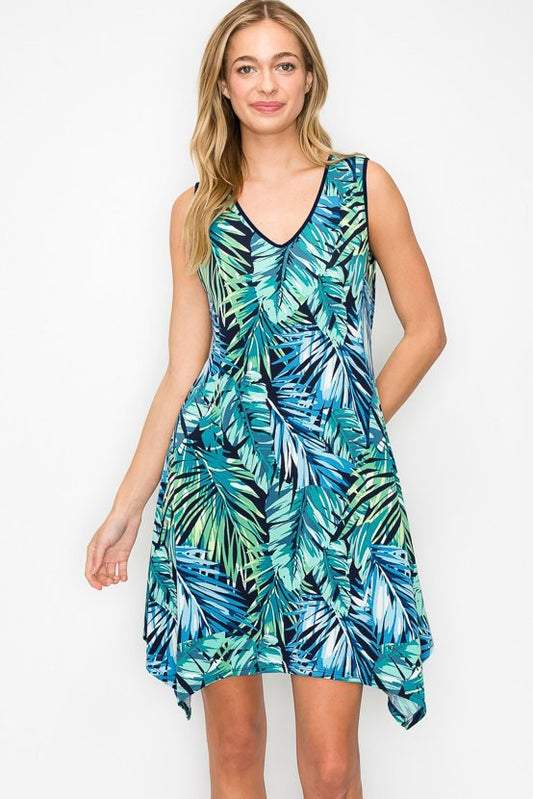 Tropical Leaf Print Dress with Criss Cross Back Detail - Navy/Green