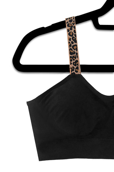 Strap-Its Bralette WITH ATTACHED Straps - Black Bra with Champagne Leopard