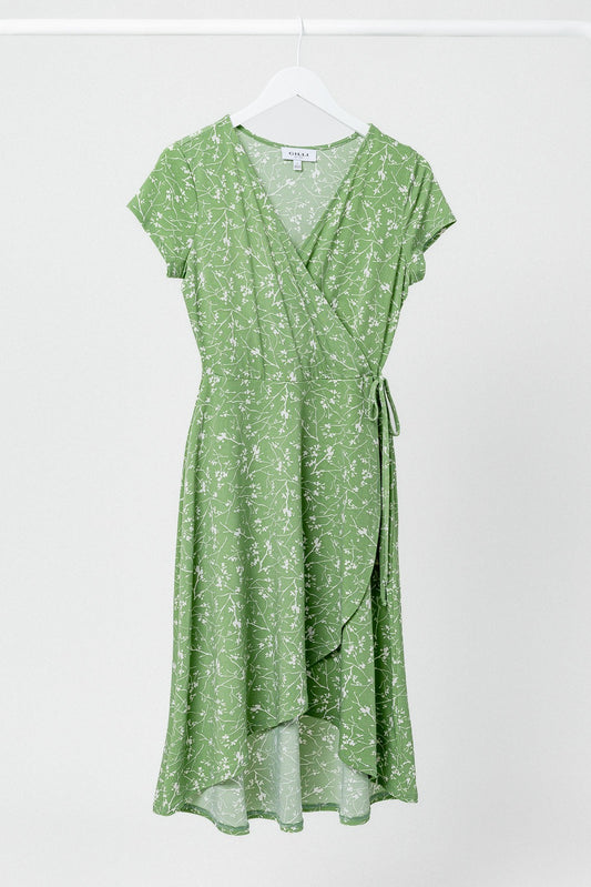 Wrap Midi Dress - Sage White Ditsy Print
