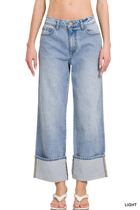 High Rise Cuffed Wide Leg Jeans - Light Blue
