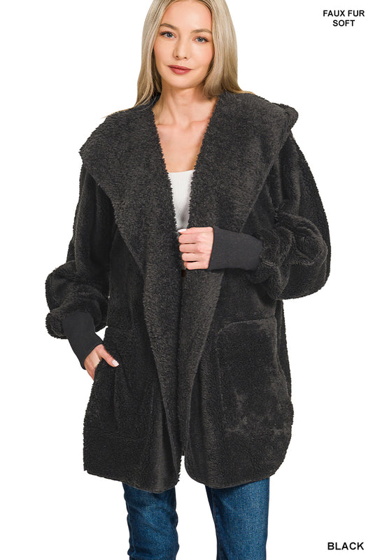 Hooded Faux Fur Jacket with Pockets - Black