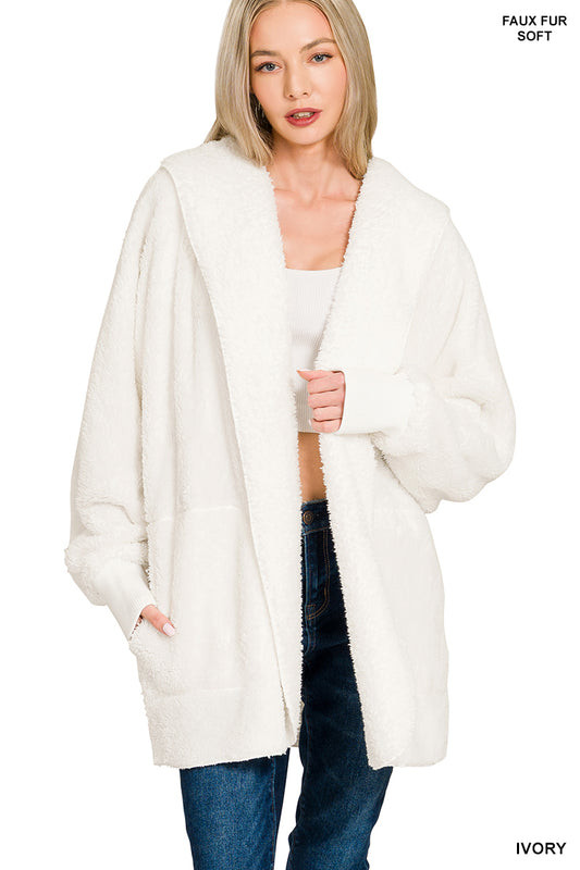 Hooded Faux Fur Jacket with Pockets - Ivory