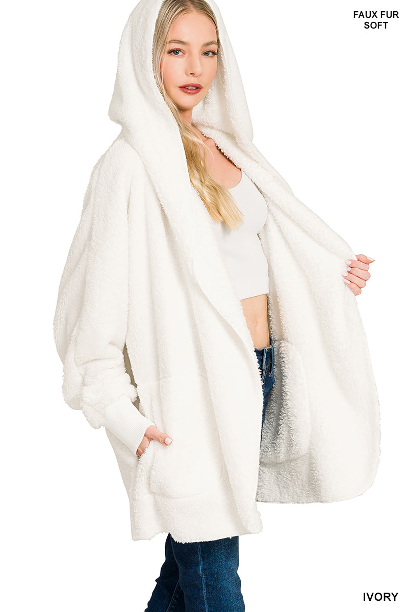 Hooded Faux Fur Jacket with Pockets - Ivory