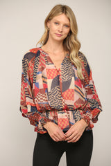 Lurex Chiffon Shirred Waist Top - Navy/Red/Brown ONLY 1 SMALL LEFT