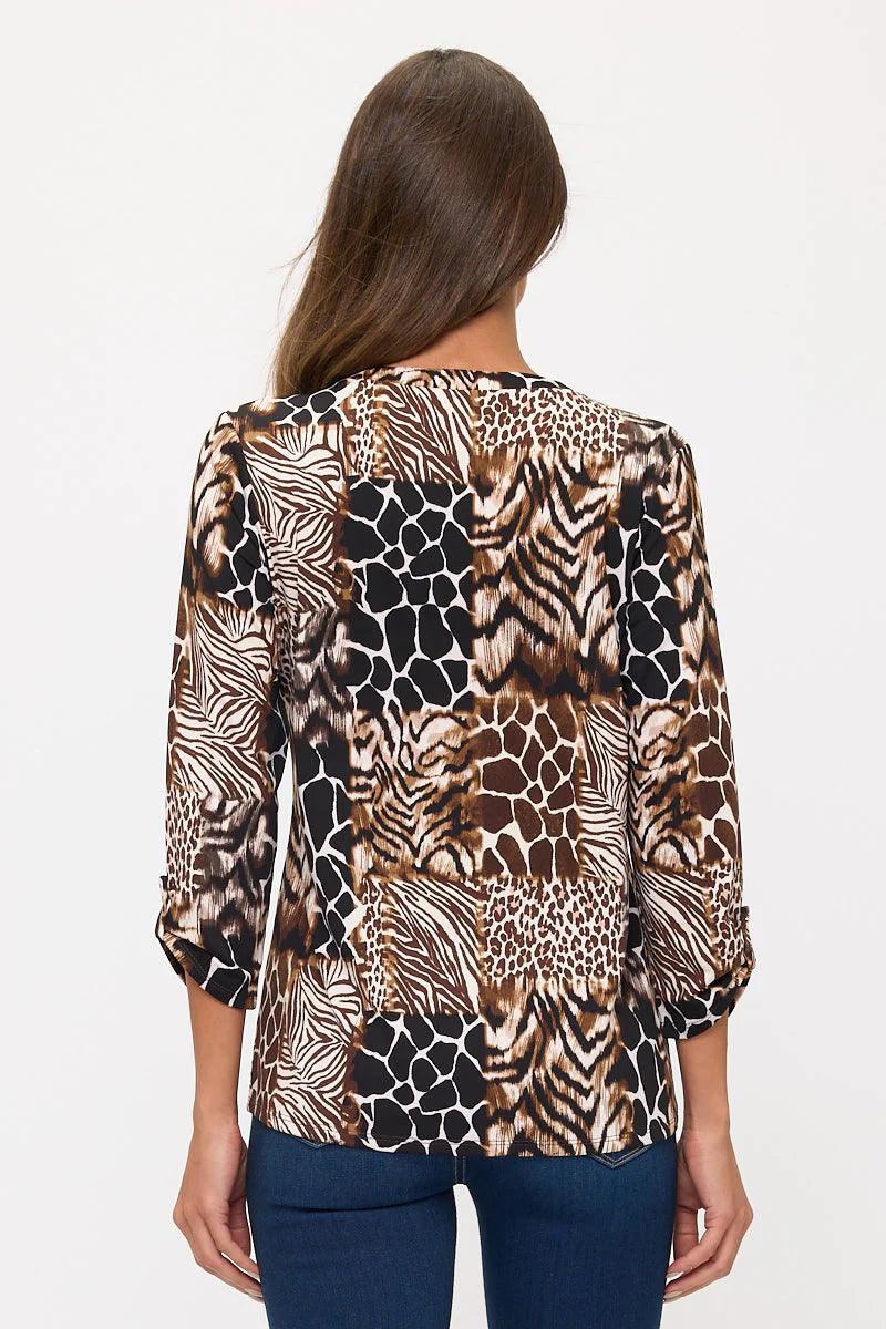 Animal Print Square Zipper Top - Black/Brown/Taupe