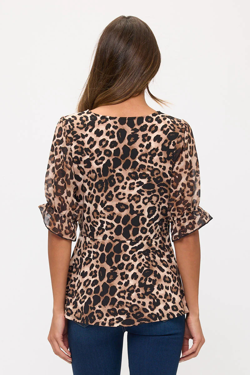 Animal Print Twist Side Top - Taupe/Black