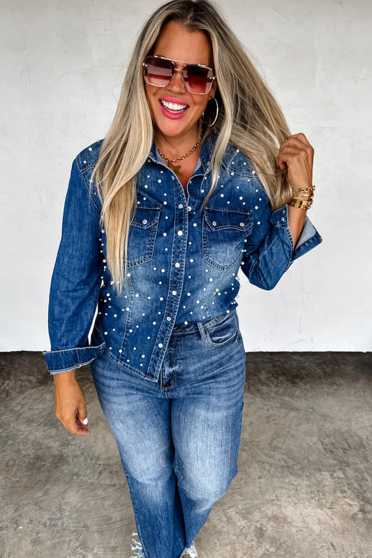 Classic Denim Top with Pearls