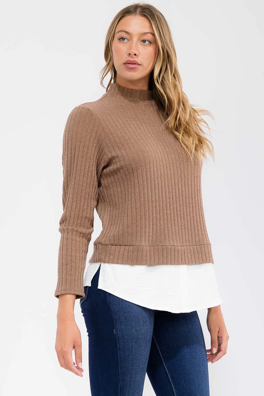 Mixed Media Mockneck Top - Mocha
