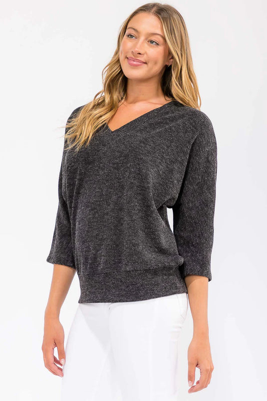 V Neck Dolman Sweater -Black Charcoal
