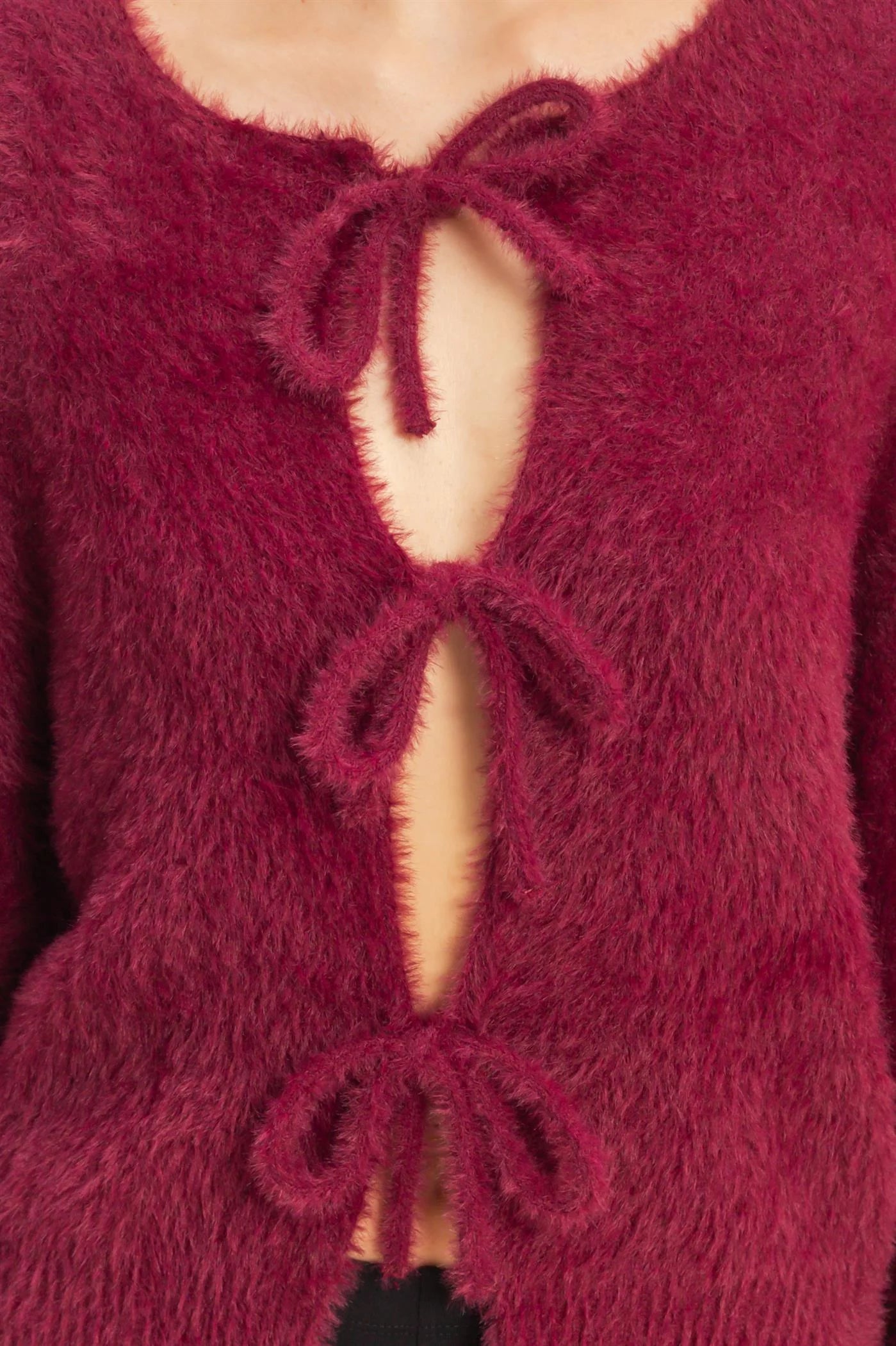Front Ties Fuzzy Sweater - Wine
