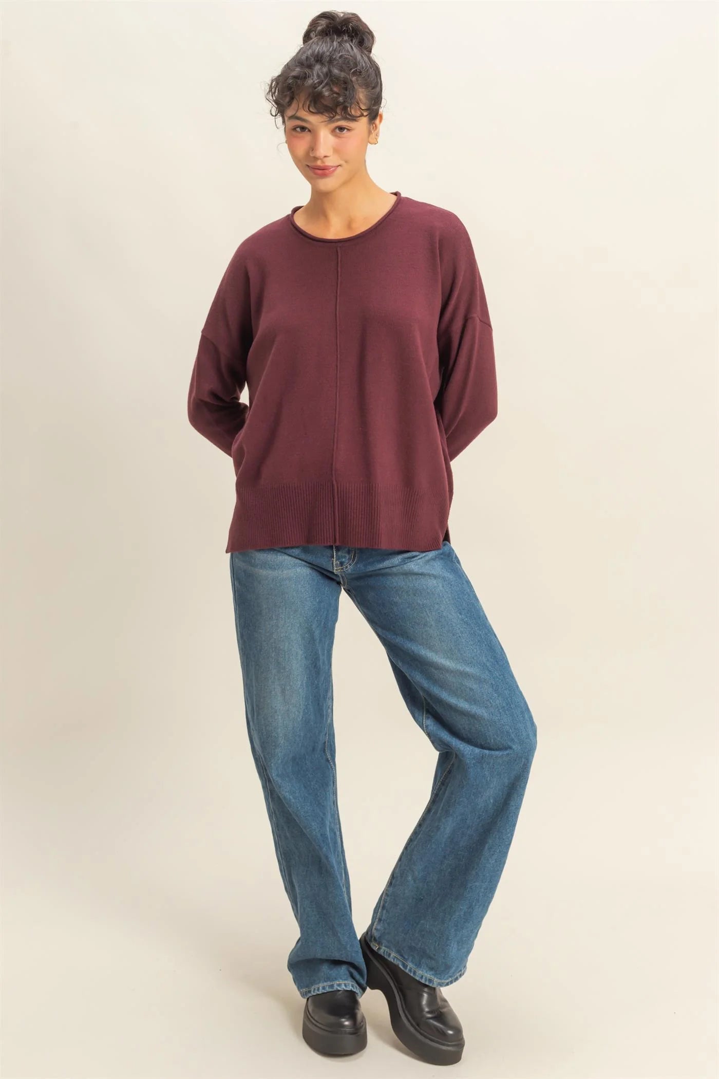Roll Neck Drop Shoulder Sweater - Dark Cherry