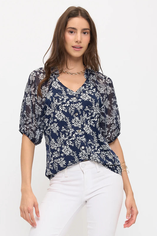 Floral Mixed Media Blouse - Navy/Ivory