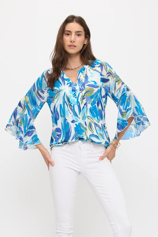 Floral Mix Media Pintuck Blouse - Ivory/Blue/Green