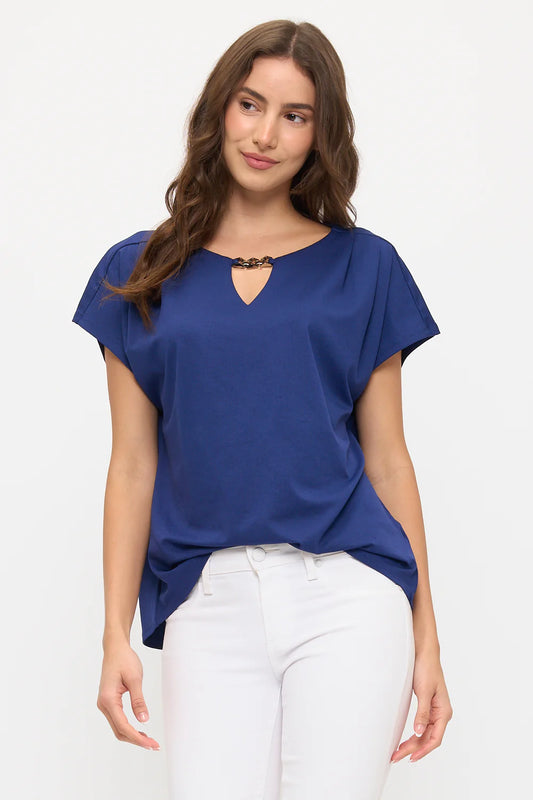 Knit Crepe Chain Keyhole Dolman Top - Blue Iris