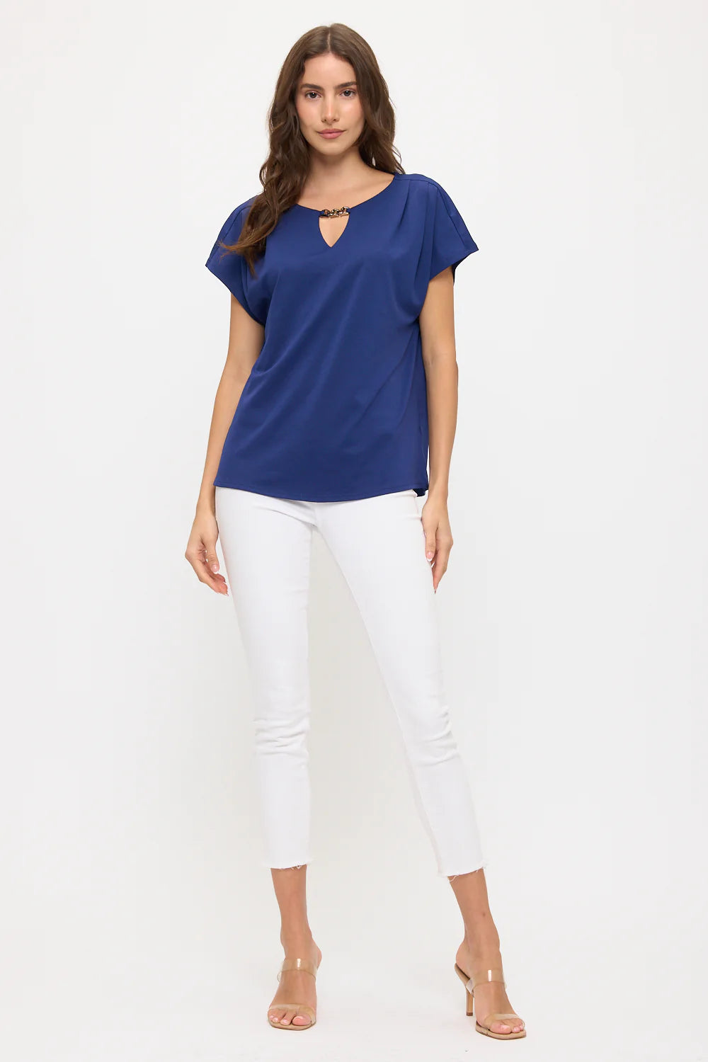 Knit Crepe Chain Keyhole Dolman Top - Blue Iris