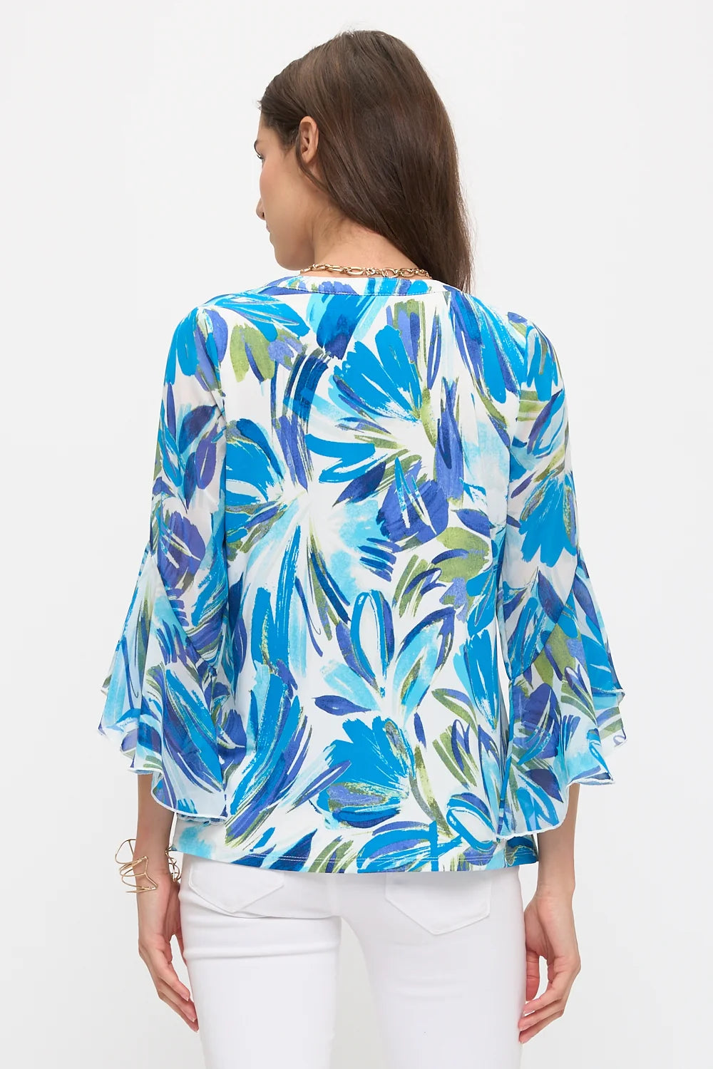 Floral Mix Media Pintuck Blouse - Ivory/Blue/Green