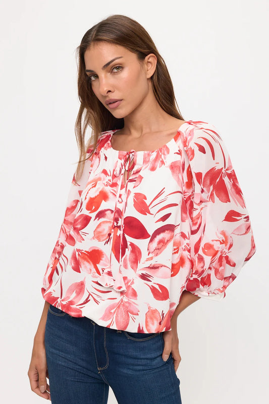 Tropical Bubble Hem Raglan Peasant Top - Ivory/Red