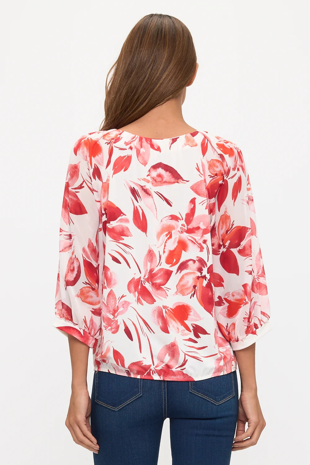 Tropical Bubble Hem Raglan Peasant Top - Ivory/Red