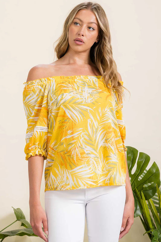 Tropical Print Peasant Blouse - Yellow/Orange/Green