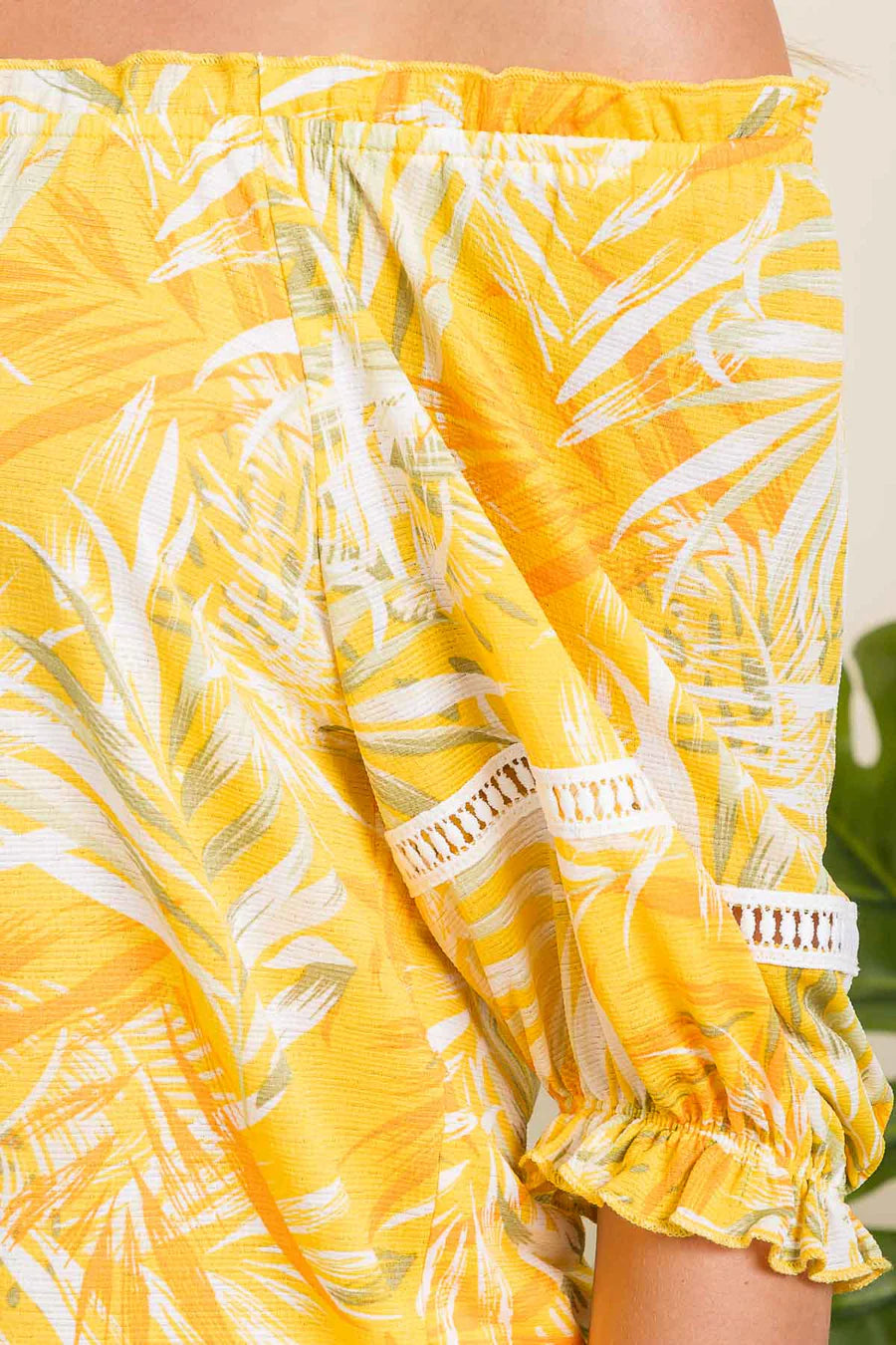 Tropical Print Peasant Blouse - Yellow/Orange/Green