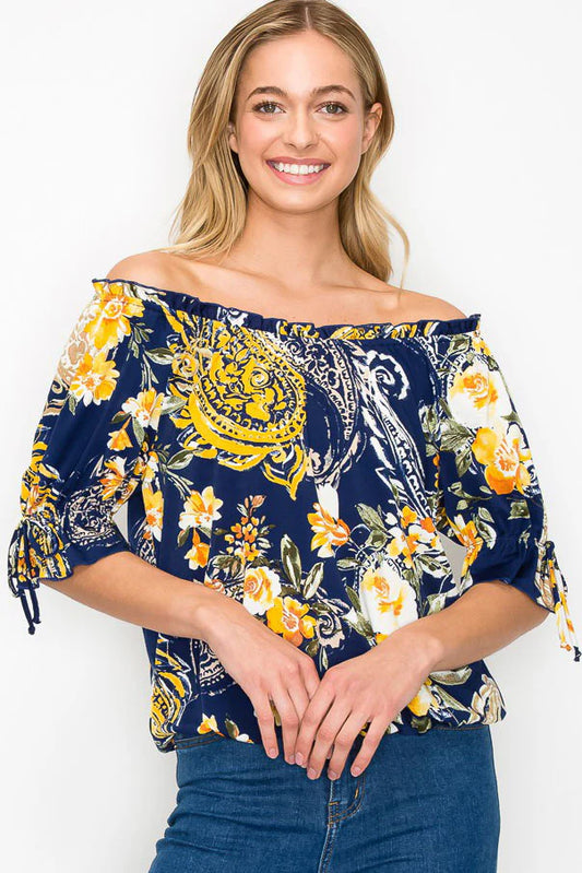 Floral Print Peasant Blouse - Navy/Mustard/Green