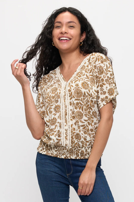 Floral Print Vienna Crochet Top - Cream/Camel/Taupe