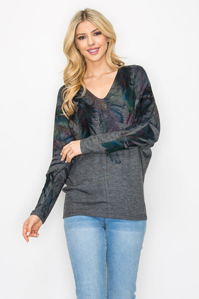 Feather Printed Dolman Top - Charcoal