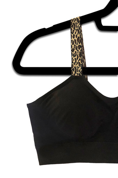 Strap-Its Bralette WITH ATTACHED Straps - PLUS SIZE - Black Bra with Leopard