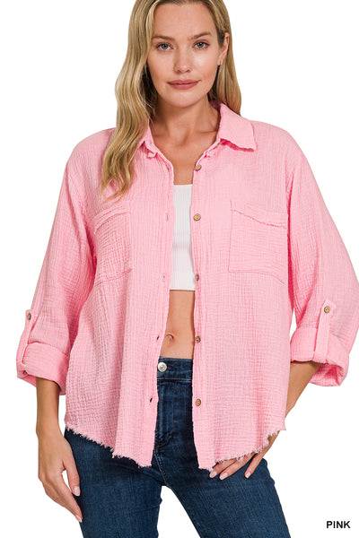 Double Gauze Button Down Top - Pink