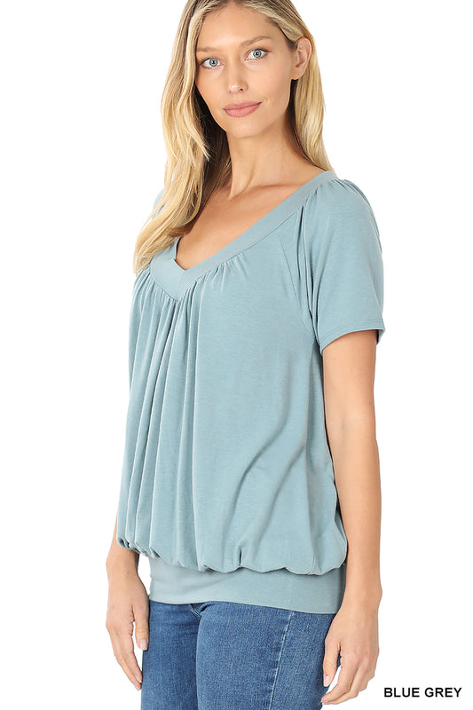 V-Neck Short Sleeve Shirred Top - Blue Grey