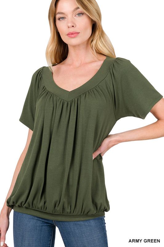 V-Neck Short Sleeve Shirred Top - Army Green