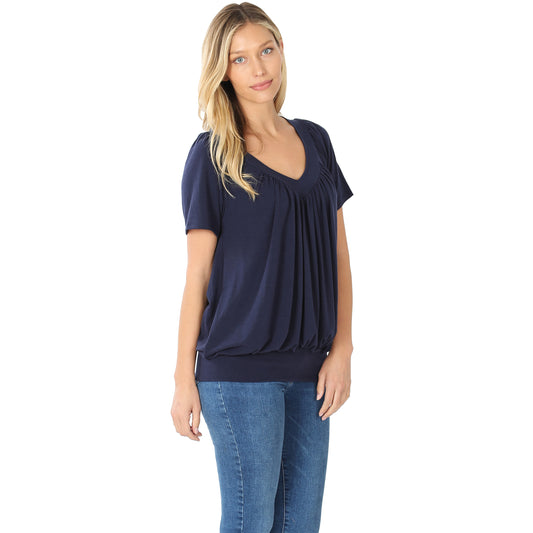 V-Neck Short Sleeve Shirred Top - Navy