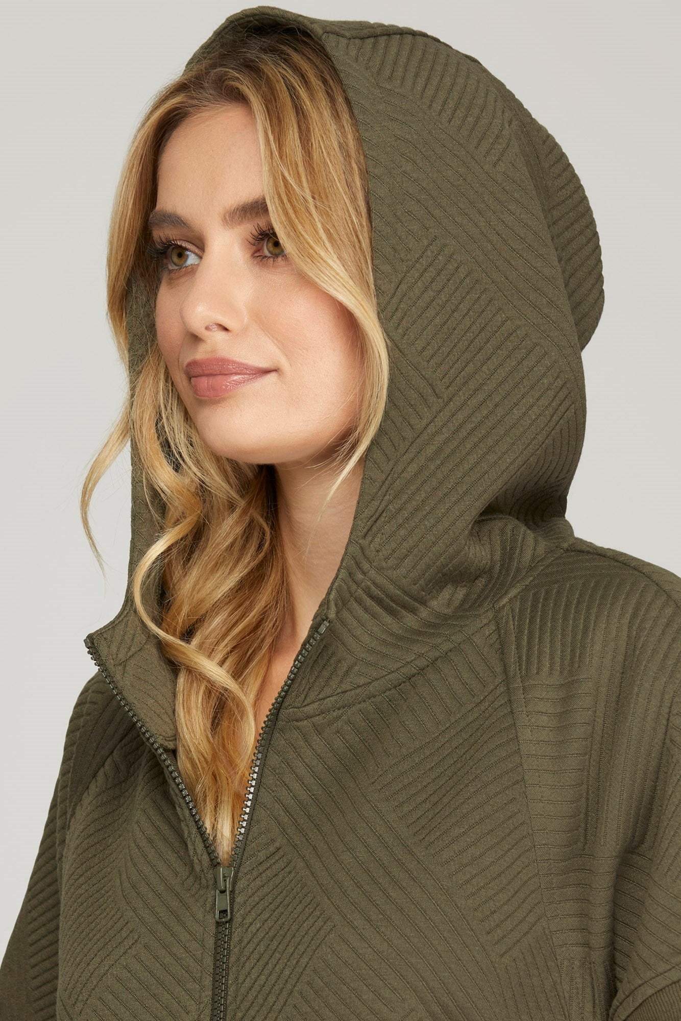 Half Zip Quilted Texture Hoodie Top - Olive ONLY 1 L LEFT