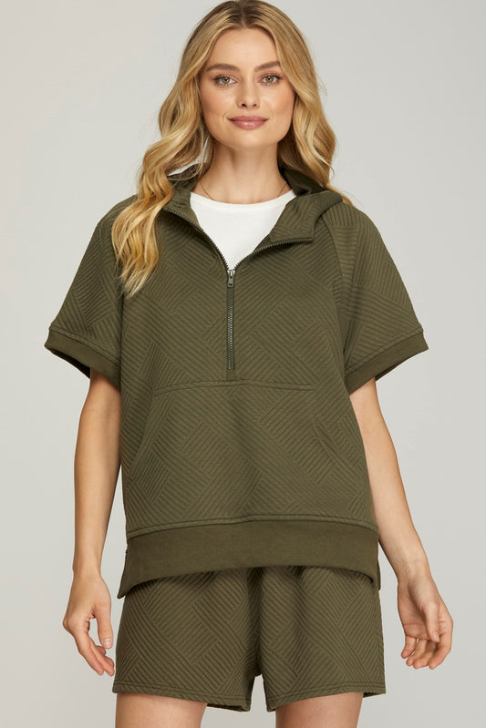 Half Zip Quilted Texture Hoodie Top - Olive ONLY 1 L LEFT