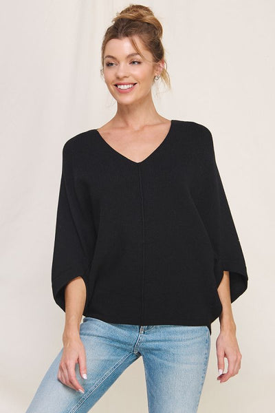 Short Dolman Sleeve Fine Gauge Sweater - Black