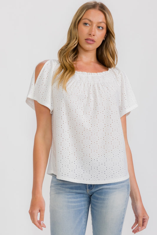 Eyelet Smocking Slit Sleeve Top - Ivory
