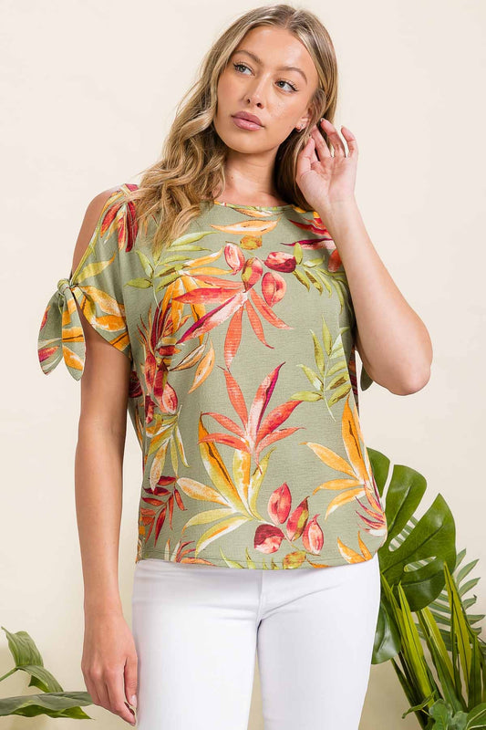 Tropical Cold Shoulder Top - Sage/Fuchsia/Orange ONLY 1 L LEFT