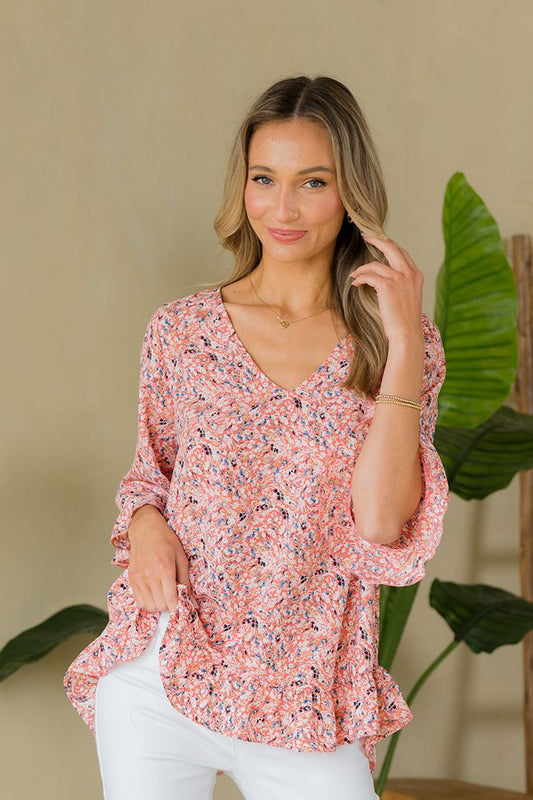 Floral Print Ruffle Top - Coral/Blue