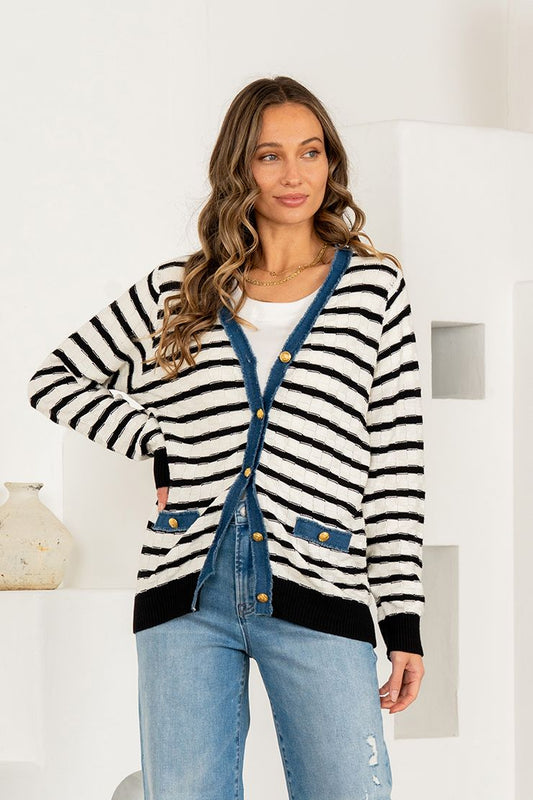 Striped Button Up Cardigan - Ivory/Black/Denim